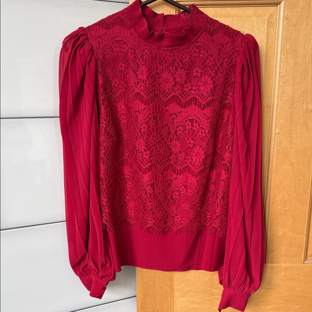 Anthropologie Lace Panel Long-Sleeve Blouse - Berry Red